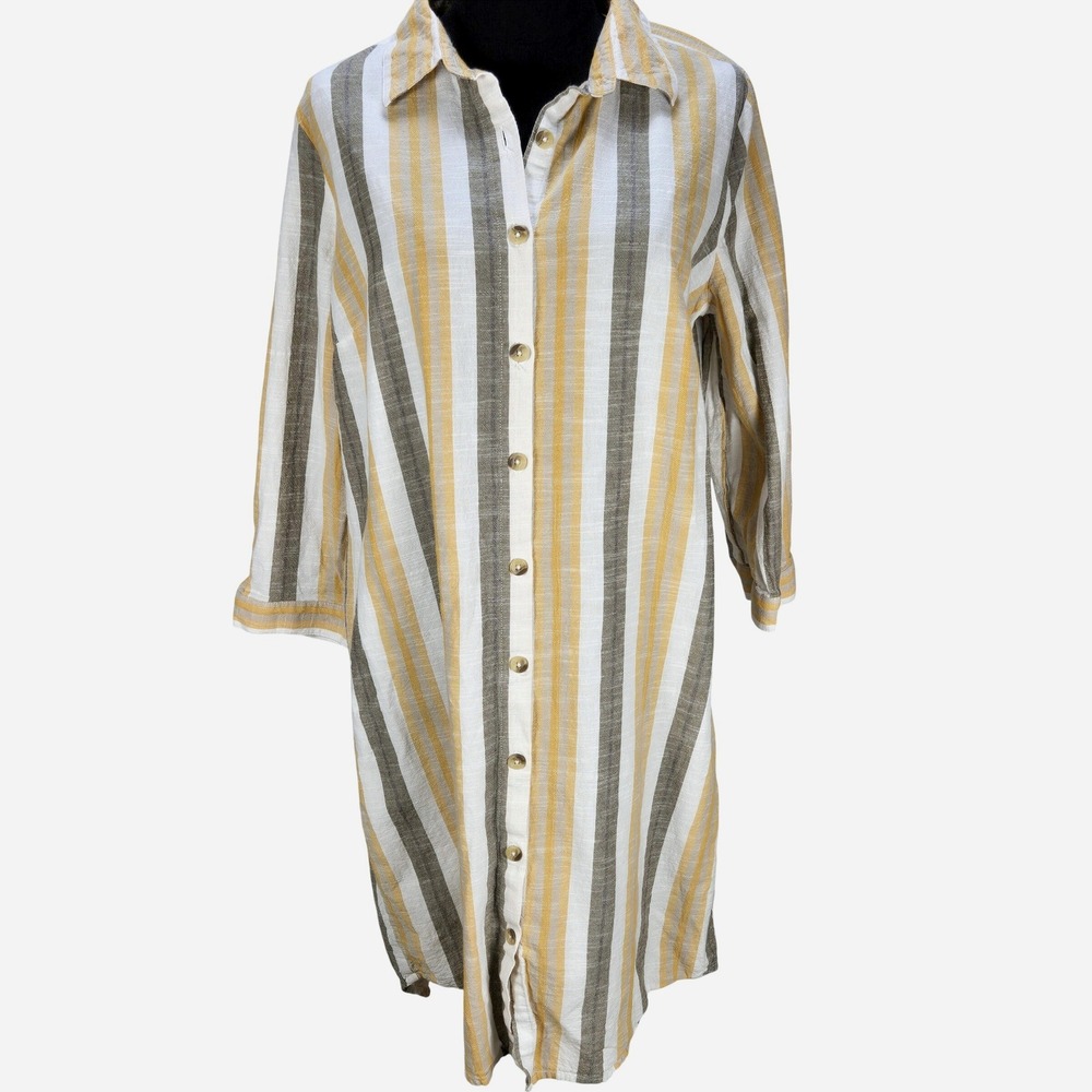 Women's Mlle Gabrielle Medium Striped Button Down Roll Tab Shirt Dress Yellow